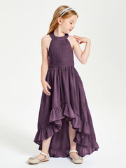 Trendy Boho Junior Bridesmaid Dresses Asymmetrical Cascading Skirt Plum