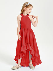 Trendy Boho Junior Bridesmaid Dresses Asymmetrical Cascading Skirt Red