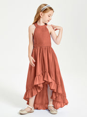Trendy Boho Junior Bridesmaid Dresses Asymmetrical Cascading Skirt Rust