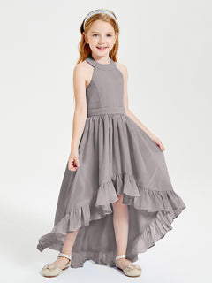 Trendy Boho Junior Bridesmaid Dresses Asymmetrical Cascading Skirt Silver