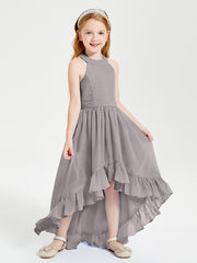Trendy Boho Junior Bridesmaid Dresses Asymmetrical Cascading Skirt Silver