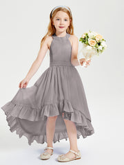 Trendy Boho Junior Bridesmaid Dresses Asymmetrical Cascading Skirt Silver