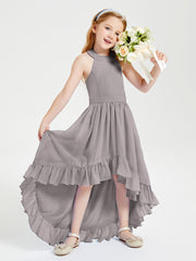 Trendy Boho Junior Bridesmaid Dresses Asymmetrical Cascading Skirt Silver