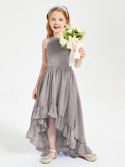 Trendy Boho Junior Bridesmaid Dresses Asymmetrical Cascading Skirt Silver