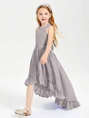 Trendy Boho Junior Bridesmaid Dresses Asymmetrical Cascading Skirt Silver
