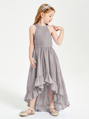Trendy Boho Junior Bridesmaid Dresses Asymmetrical Cascading Skirt Silver
