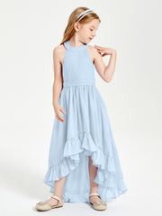 Trendy Boho Junior Bridesmaid Dresses Asymmetrical Cascading Skirt Sky Blue