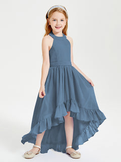 Trendy Boho Junior Bridesmaid Dresses Asymmetrical Cascading Skirt Slate Blue