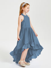Trendy Boho Junior Bridesmaid Dresses Asymmetrical Cascading Skirt Slate Blue