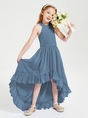 Trendy Boho Junior Bridesmaid Dresses Asymmetrical Cascading Skirt Slate Blue