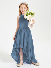 Trendy Boho Junior Bridesmaid Dresses Asymmetrical Cascading Skirt Slate Blue