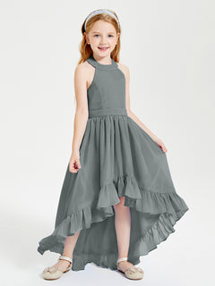 Trendy Boho Junior Bridesmaid Dresses Asymmetrical Cascading Skirt Steel Grey