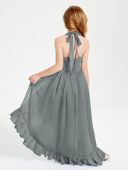 Trendy Boho Junior Bridesmaid Dresses Asymmetrical Cascading Skirt Steel Grey