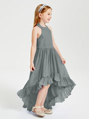 Trendy Boho Junior Bridesmaid Dresses Asymmetrical Cascading Skirt Steel Grey