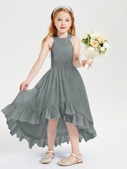 Trendy Boho Junior Bridesmaid Dresses Asymmetrical Cascading Skirt Steel Grey