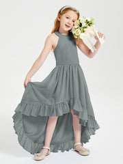 Trendy Boho Junior Bridesmaid Dresses Asymmetrical Cascading Skirt Steel Grey