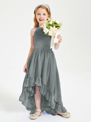 Trendy Boho Junior Bridesmaid Dresses Asymmetrical Cascading Skirt Steel Grey