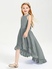 Trendy Boho Junior Bridesmaid Dresses Asymmetrical Cascading Skirt Steel Grey