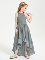 Trendy Boho Junior Bridesmaid Dresses Asymmetrical Cascading Skirt Steel Grey
