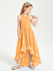 Trendy Boho Junior Bridesmaid Dresses Asymmetrical Cascading Skirt Tangerine