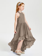 Trendy Boho Junior Bridesmaid Dresses Asymmetrical Cascading Skirt Taupe