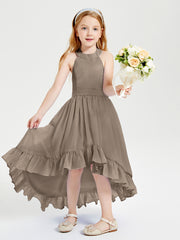 Trendy Boho Junior Bridesmaid Dresses Asymmetrical Cascading Skirt Taupe