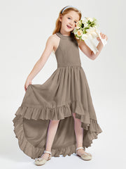 Trendy Boho Junior Bridesmaid Dresses Asymmetrical Cascading Skirt Taupe