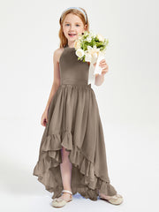 Trendy Boho Junior Bridesmaid Dresses Asymmetrical Cascading Skirt Taupe