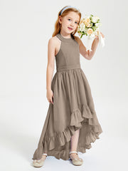 Trendy Boho Junior Bridesmaid Dresses Asymmetrical Cascading Skirt Taupe