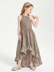 Trendy Boho Junior Bridesmaid Dresses Asymmetrical Cascading Skirt Taupe