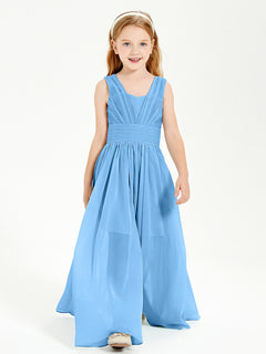 Long V-neck Junior Bridesmaid Dresses Blue