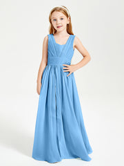 Long V-neck Junior Bridesmaid Dresses Blue