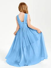 Long V-neck Junior Bridesmaid Dresses Blue