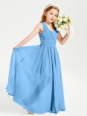 Long V-neck Junior Bridesmaid Dresses Blue