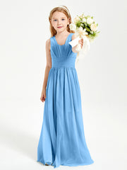 Long V-neck Junior Bridesmaid Dresses Blue