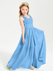 Long V-neck Junior Bridesmaid Dresses Blue