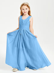 Long V-neck Junior Bridesmaid Dresses Blue