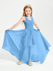 Long V-neck Junior Bridesmaid Dresses Blue