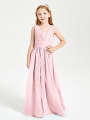 Long V-neck Junior Bridesmaid Dresses Blushing Pink
