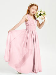 Long V-neck Junior Bridesmaid Dresses Blushing Pink