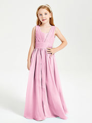 Long V-neck Junior Bridesmaid Dresses Candy Pink