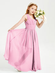 Long V-neck Junior Bridesmaid Dresses Candy Pink