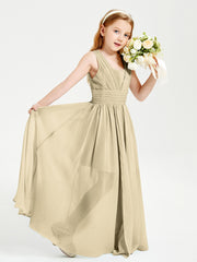 Long V-neck Junior Bridesmaid Dresses Champagne