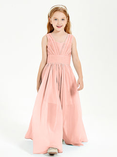 Long V-neck Junior Bridesmaid Dresses Coral