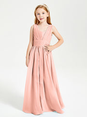 Long V-neck Junior Bridesmaid Dresses Coral