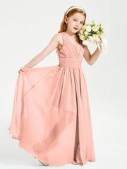 Long V-neck Junior Bridesmaid Dresses Coral