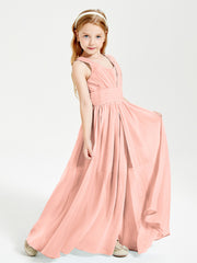 Long V-neck Junior Bridesmaid Dresses Coral