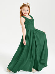 Long V-neck Junior Bridesmaid Dresses Dark Green