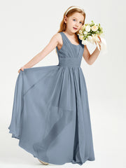 Long V-neck Junior Bridesmaid Dresses Dusty Blue