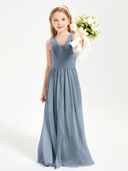 Long V-neck Junior Bridesmaid Dresses Dusty Blue